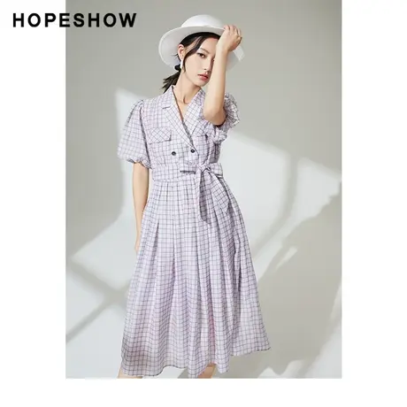 红袖outlets系带泡泡袖连衣裙hopeshow2023秋装新款双排扣格纹裙商品大图
