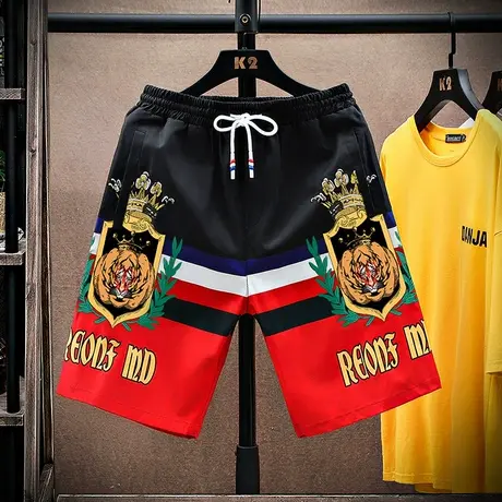 男士短裤夏季潮流拼接休闲运动五分裤子潮牌设计感撞色印花沙滩裤商品大图