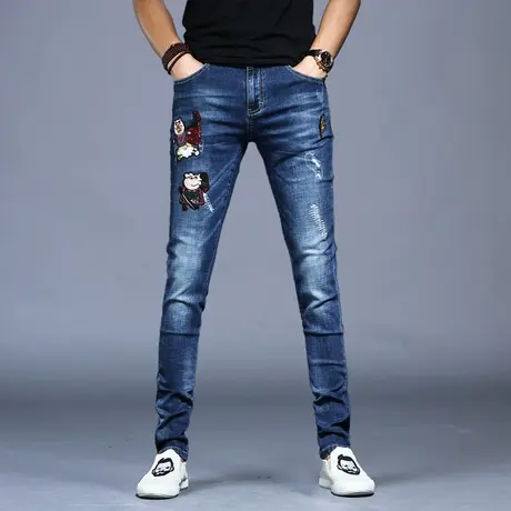 特价2023年新款刺绣蓝色牛仔裤男秋款男款潮牌修身小脚休闲裤子男图片