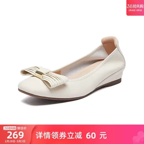 骆驼女鞋2024春季新款真皮通勤上班浅口蝴蝶结蛋卷鞋平底鞋女单鞋图片