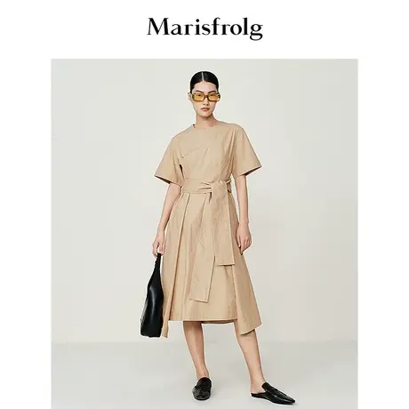 【抗皱易打理】玛丝菲尔夏季新款纯棉收腰设计感杏色连衣裙女商品大图