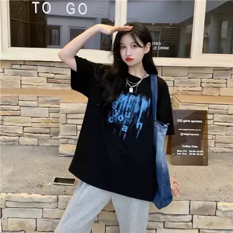 短袖休闲百搭款夏装情侣款纯棉半袖潮牌宽松大版学生印花圆领上衣图片