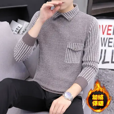 衬衫领男毛衣秋冬款韩版潮流加绒加厚打底针织衫水貂绒个性假两件商品大图
