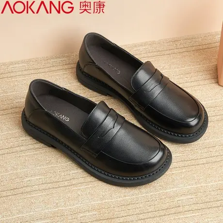 奥康女鞋乐福鞋女2023春季新款小皮鞋百搭女鞋休闲真皮一脚蹬单鞋商品大图