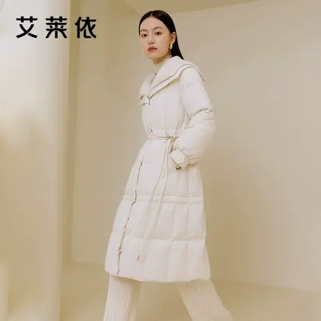 艾莱依仿羊羔毛领长款羽绒服2023年新款时尚气质宽松翻领保暖外套商品大图