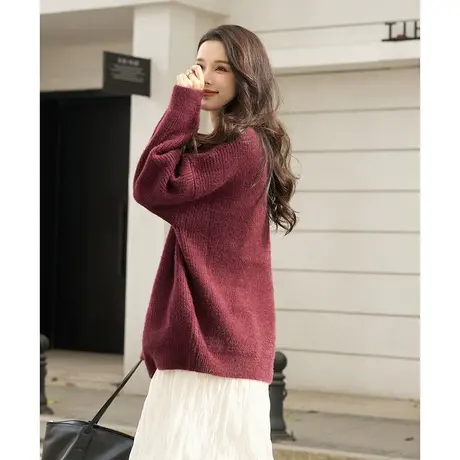 【细腻保暖】24春新款圆领仿貂绒撞色绣花线衫微弹针织女上衣图片