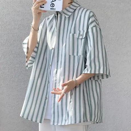 港风衬衫男短袖夏季凉感宽松条纹半袖衬衣男青少年休闲百搭外套潮商品大图