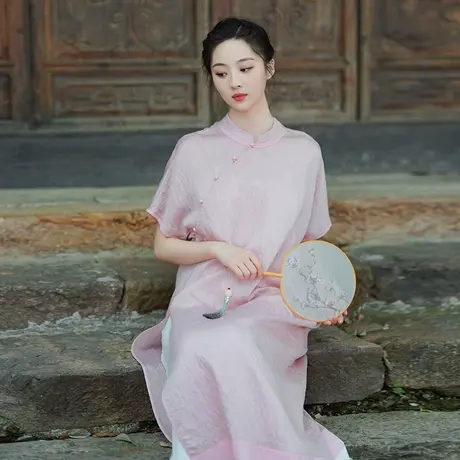 中国风夏季新款连衣裙2023年原创新中式旗袍女禅意改良款粉色长裙图片