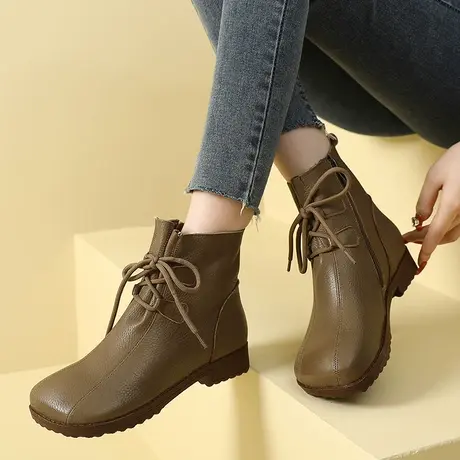 2023秋季新款短靴女大码41一43软底软面平底女靴脚宽脚肥真皮靴子图片