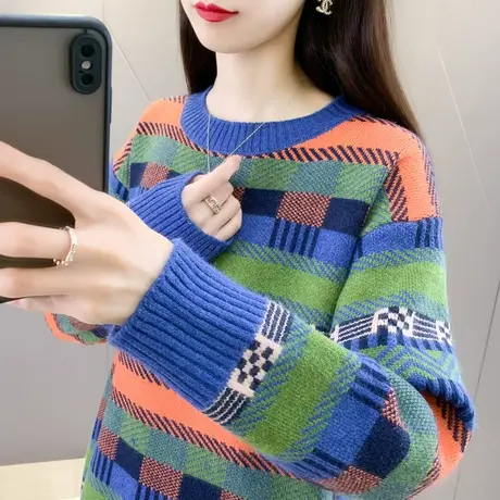 复古条纹高级感毛衣女春秋2023年新款圆领流行别致漂亮针织上衣潮商品大图