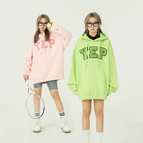 yep字母印花连帽卫衣女绿色春秋加厚上衣韩版宽松外套上衣ins潮牌商品大图