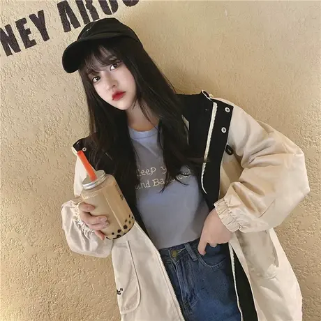 工装外套女生春秋冬装2021新款初中高中学生韩版宽松百搭加绒加厚商品大图