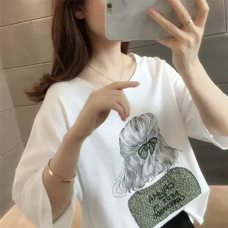 宽松白色t恤女2023夏季新款显瘦短袖印花女孩字母上衣打底体恤衫商品大图
