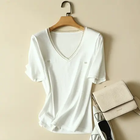 冰丝针织衫短袖t恤女2023年夏季新款V领宽松显瘦薄款打底衫女上衣商品大图