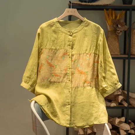 享永子七分袖贴布苎麻上衣文艺复古宽松显瘦T恤百搭2023春夏新款图片