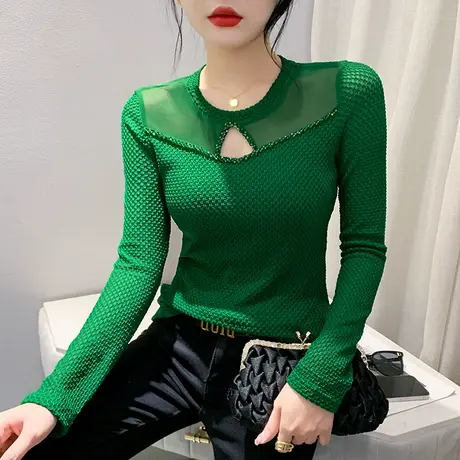 欧货性感网纱打底衫女春秋时尚洋气镂空T恤长袖百搭钉珠圆领上衣商品大图