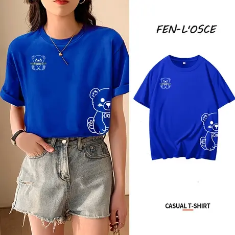 潮牌短袖t恤女夏装2023新款设计感小众宽松大码克莱因蓝纯棉上衣商品大图