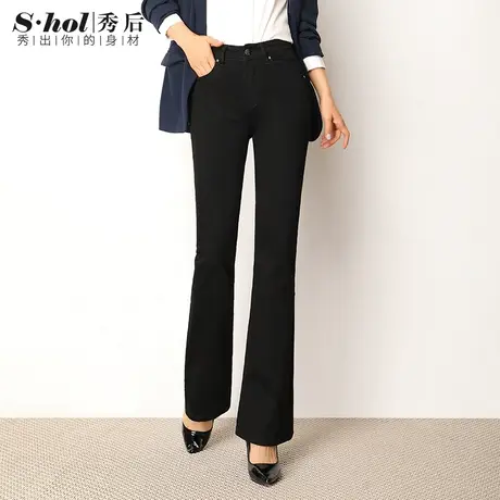 秀后黑色牛仔裤女春秋高腰微叭喇长裤大码女裤显瘦中老年妈妈裤子商品大图
