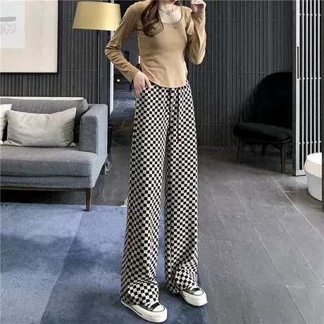 咖色棋盘格子休闲裤女宽松直筒高腰显瘦春季2023年新款阔腿裤子潮商品大图