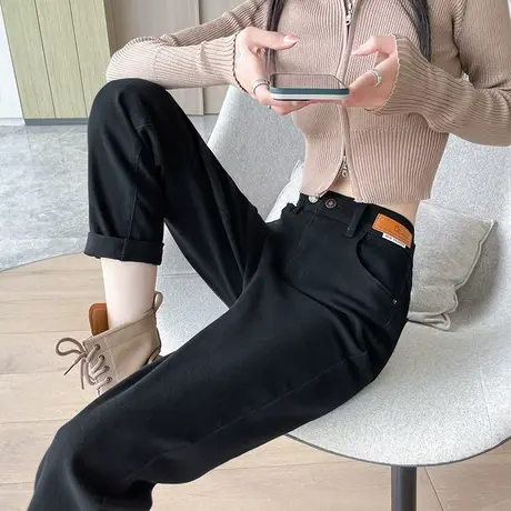 高腰直筒牛仔裤女秋冬新款加绒加厚宽松显瘦小个子黑色九分烟管裤商品大图