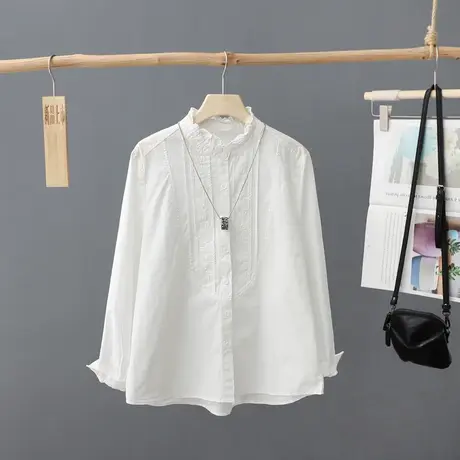 法式小众白衬衫女早春新款花边立领纯色刺绣纯棉衬衣百搭打底上衣图片