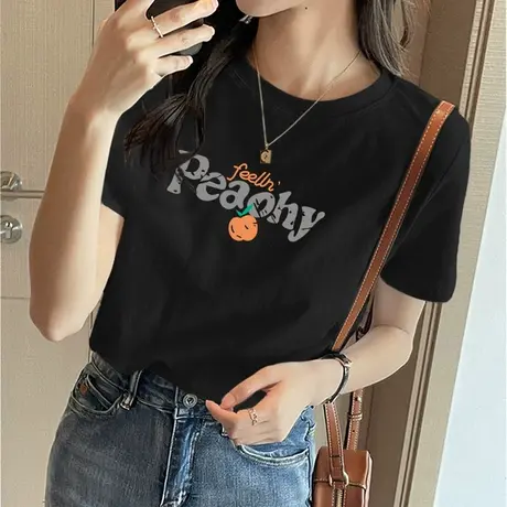 黑色短袖t恤女2023年新款美式复古气质减龄短袖夏季纯棉体恤上衣商品大图