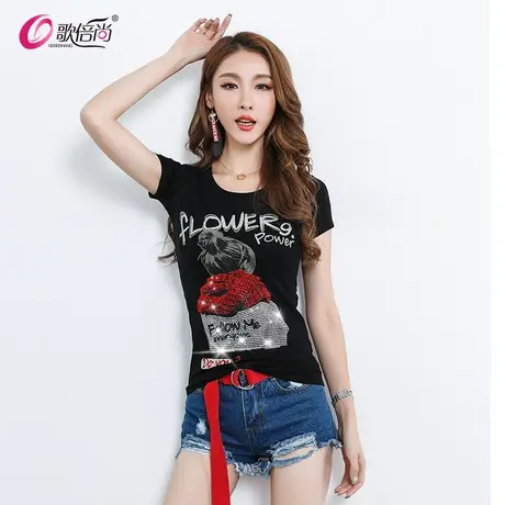 欧洲站2023年夏季新短袖t恤女烫钻修身半袖体恤小衫重工带钻高端商品大图