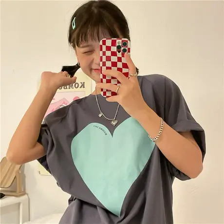 红续爱心小众设计感新款韩版宽松ulzzang盐系纯棉短袖T恤女ins潮商品大图