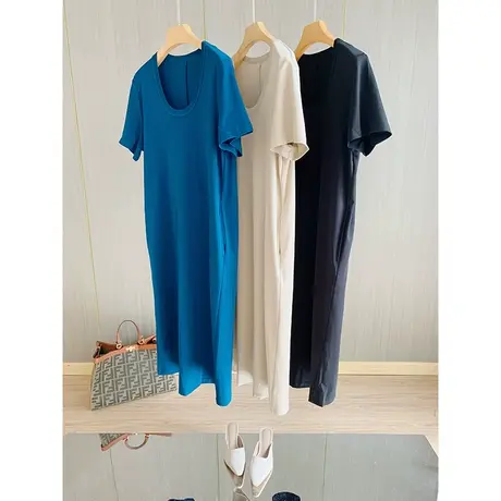 短袖t恤女2021夏季新款简约U型领时尚纯色宽松长款懒人过膝连衣裙图片