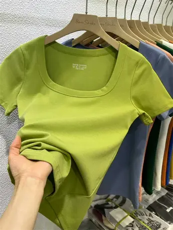 2023夏季新款方领露锁骨短袖T恤女修身百搭纯色糖果色显瘦上衣商品大图