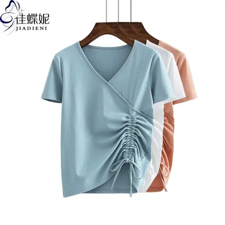夏季新款纯白V领修身抽绳显瘦短袖体恤上衣打底衫纯色女装T恤商品大图