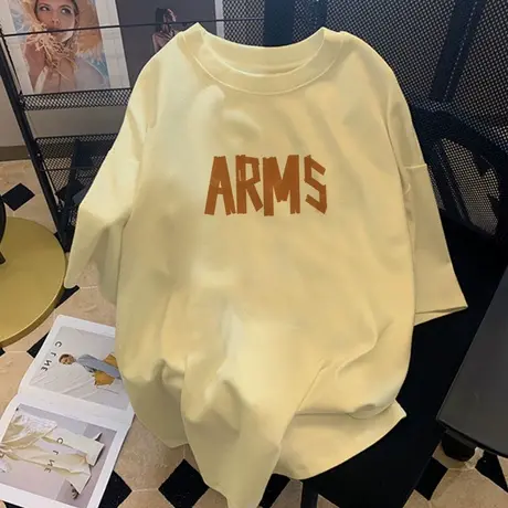 美式潮牌纯棉米黄t恤女ins大码oversize情侣短袖潮夏季设计感上衣商品大图