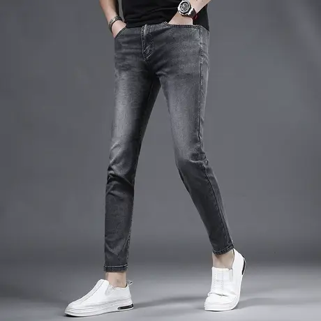 2023新款夏季黑色九分牛仔裤男款修身小脚冰丝潮流男士裤子9分薄商品大图