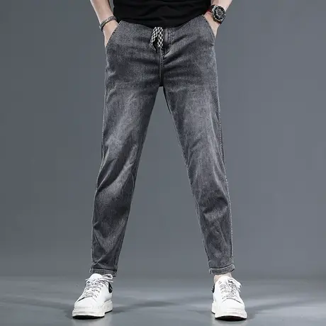 夏季牛仔裤男2023新款灰色男士弹力修身小脚潮牌松紧腰休闲裤子男商品大图