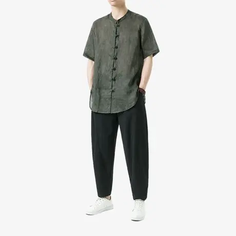 新中式唐装男中国风亚麻短袖衬衫复古盘扣透气薄款衬衣搭配亚麻裤图片