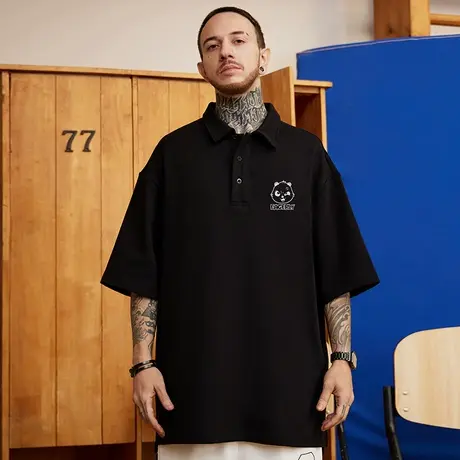 2023新款polo衫t恤胖子男纯色ins短袖潮牌宽松夏季大码五分半截袖图片