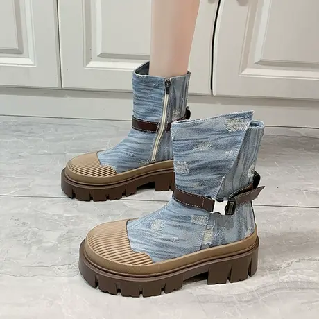 英伦风薄款增高厚底马丁靴女夏款2023新款粗跟复古西部牛仔短靴子商品大图