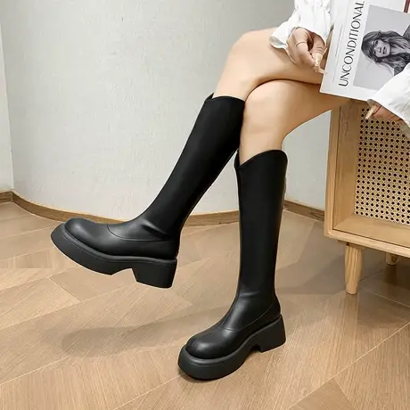 高筒长靴女2023秋季新款复古圆头粗跟时尚英伦风气质瘦瘦靴骑士靴图片