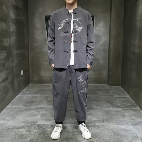 仙鹤刺绣布扣唐装男套装中式亚麻长袖中国风立领棉麻中山装两件套图片