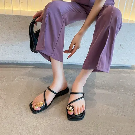 罗马一字拖鞋女外穿2024年夏季新款时尚少女百搭气质平底夹趾凉鞋商品大图