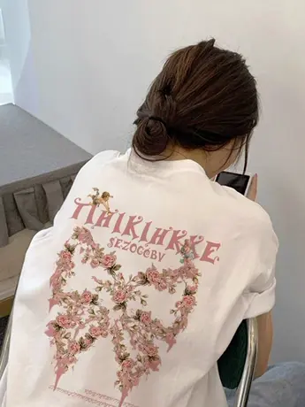 美式高街chic正肩白色t恤女2024夏季胖mm大码宽松短袖上衣2-300斤商品大图