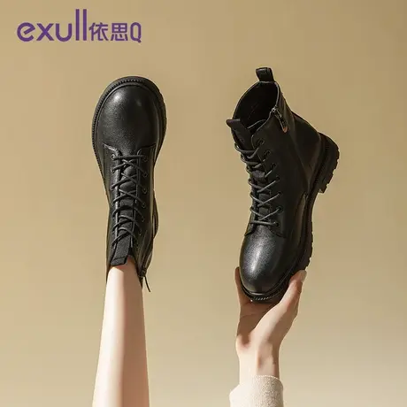 exull/依思Q马丁靴女2023年冬季新款加绒黑色系带复古短靴子女商品大图