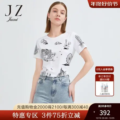 JZ玖姿复古城市建筑单上衣女2022夏季新款时尚潮流休闲短袖T恤商品大图