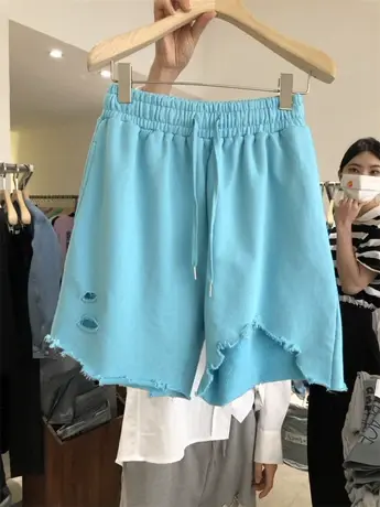 韩国东大门2021夏季女装新款休闲减龄系带松紧腰阔腿破洞显瘦短裤商品大图