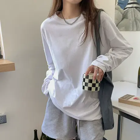 ins超火长袖T恤女春秋新款内搭纯色打底衫韩版潮外穿宽松上衣服商品大图