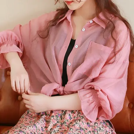 胖妹妹夏季2023新品糖果色灯笼袖防晒衫加大码微胖长袖敲薄空调衫商品大图