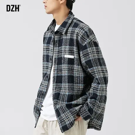 男士港风呢料衬衫男长袖高级感秋季格子衬衣外套开衫上衣2023新款商品大图