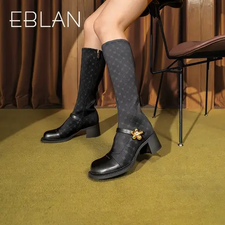 伊伴2022秋冬女靴花朵弹力袜靴瘦瘦高筒长靴百搭加绒皮靴骑士靴女图片