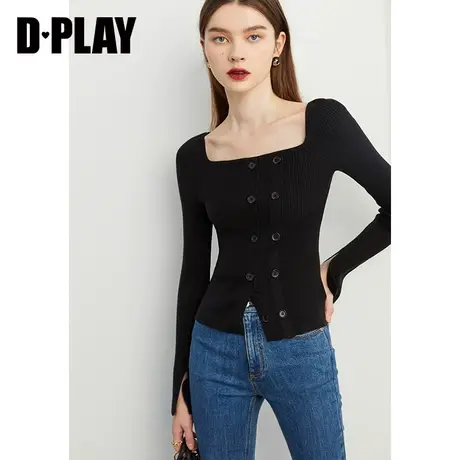 DPLAY秋新复古方领经典黑修身短款双排扣套头针织打底衫商品大图