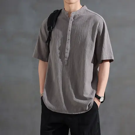 大码男士高端冰丝亚麻短袖t恤夏季薄款立领polo衫棉麻体恤上衣服商品大图